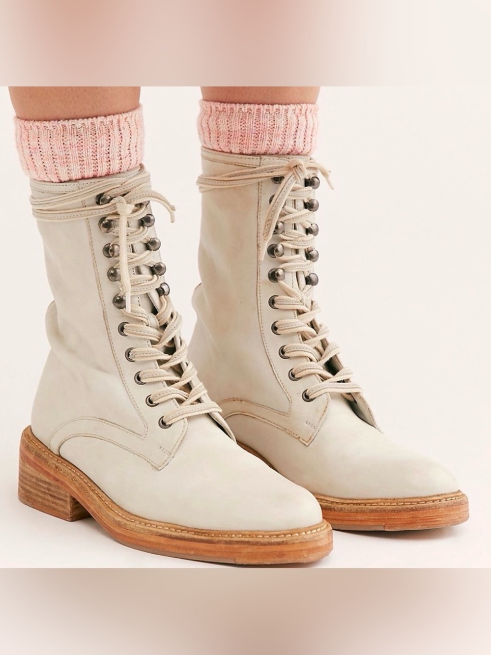 Free People Santa Fe Distressed Cream Colored Combat Boots 38